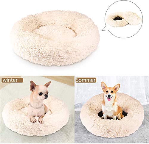 Queta Cama para Perros Gatos Mascotas, Cojín Redondo Suave de Felpa, Cama Redondo para Gatos Perros, Cama Suave Comfortable de Felpa, Beige (70x20cm)