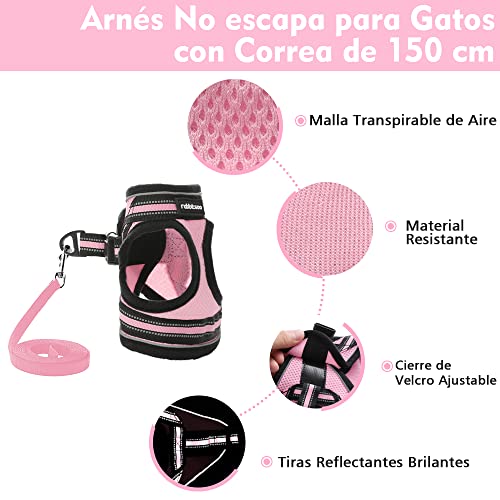 rabbitgoo Arnes Gatos y Correa 150cm Chaleco Ajustable Antitirones Reflectante Cómodo Correa Mágica para Fácil de Poner y Quitar para Paseo Diario Arnes para Perro Pequeño Conejos Gatos S Rosado