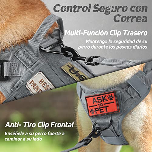 rabbitgoo Arnes Perro Grande No-Pull Arnes Perro Antitirones Técnica de Malla Transpirable Chaleco para Entrenamiento con 2 Anillos Ajustable con Técnica Molle para Entrenar Caminar Cazar Gris L