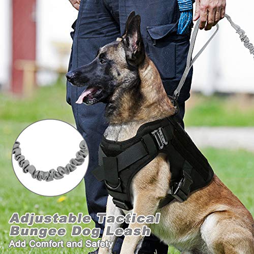 rabbitgoo Correa para Perro Elástica Tactical, Cables con 2 Asas Correa de Nylon Reflectantes para Mascota Grande Mediano con Extensión Fuerte para Entrenamiento Perros Militares Gris 95cm - 125cm