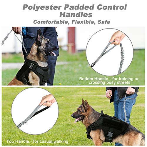 rabbitgoo Correa para Perro Elástica Tactical, Cables con 2 Asas Correa de Nylon Reflectantes para Mascota Grande Mediano con Extensión Fuerte para Entrenamiento Perros Militares Gris 95cm - 125cm