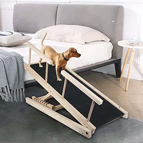 Rampa de acceso de seguridad para perros, plegable, escaleras, escaleras de madera, altura ajustable de 29 a 53 cm, para 100 libras, con alfombrilla antideslizante para coche, cama y sofá (madera)