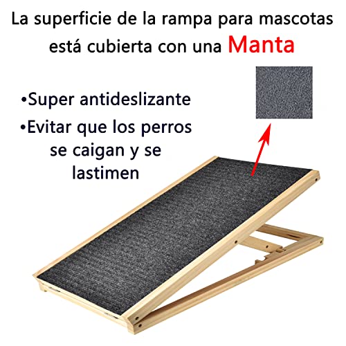 Rampa para Perros Cama Alta con Antideslizante de la Alfombra y 2 Escalones Regulables en Altura Escalera Perro Coche - Hacer de Madera de Abeto Rampa Plegable Coche Perro para Coche, Sofá, Cama