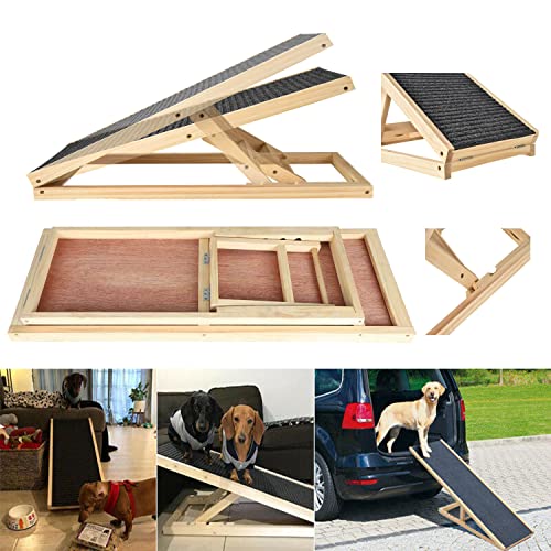 Rampa para Perros - Hacer de Madera de Abeto Rampa Plegable para Mascotas con Antideslizante de la Alfombra y 2 Escalones Regulables en Altura - 30/40cm Rampa de Coche para Perros, Carga Máxima 150kg