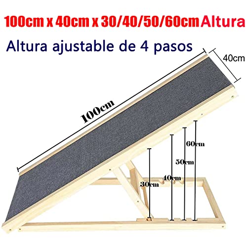 Rampa para Perros Plegable con 4 Escalones Regulables en Altura - 30/40/50/60cm Escalera Perro - Hacer de Madera de Abeto con Antideslizante de la Alfombra Rampa de Coche de Madera, Carga Máxima 150kg