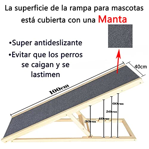 Rampa para Perros Plegable con 4 Escalones Regulables en Altura - 30/40/50/60cm Escalera Perro - Hacer de Madera de Abeto con Antideslizante de la Alfombra Rampa de Coche de Madera, Carga Máxima 150kg