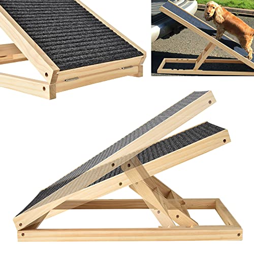 Rampa para Perros y Gatos, 30-60 cm Rampa para Mascotas Ajustables en Altura, Antideslizante Escaleras para Perros Plegables sin Ensamblaje para Coche, Cama y Sofá (Madera)