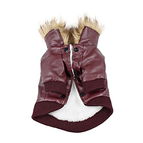 RC GearPro Abrigos de Cuero para Perros Abrigo Impermeable de Invierno para Perros Chaqueta para Cachorros Cuello de Piel Abrigo Grueso y cálido para Perros pequeños a medianos (M, Wine Red)