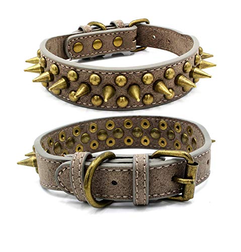 RC GearPro Collar de Perro con Tachuelas para Mascotas Productos Collar de Perro de Cuero Genuino con Tachuelas con Remaches (S, Gris)