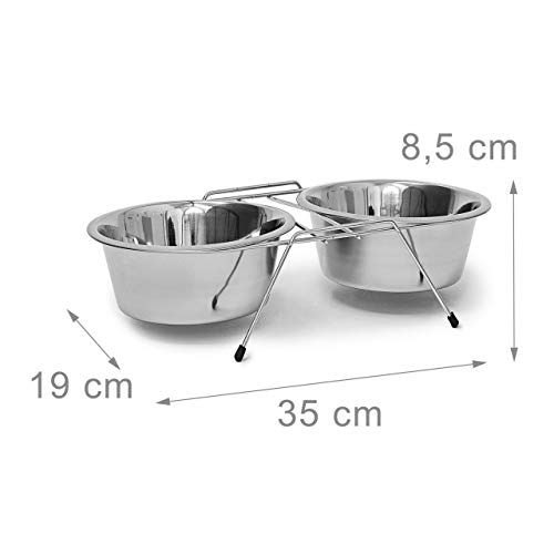 Relaxdays Feeding Bowl Set Comedero Doble para Perros y Gatos, Plateado, 19x35x8.5 cm