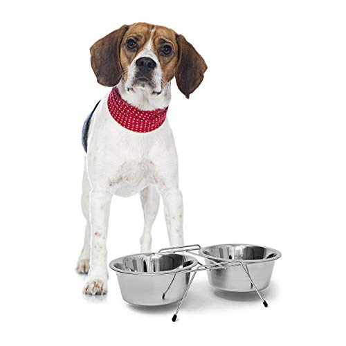 Relaxdays Feeding Bowl Set Comedero Doble para Perros y Gatos, Plateado, 19x35x8.5 cm