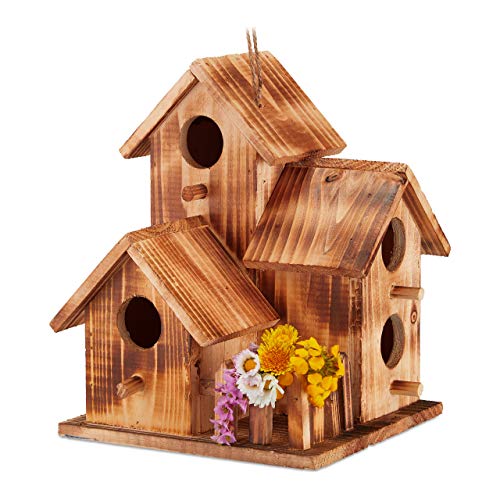 Relaxdays Vogelhaus Pajarera para Colgar, balcón, terraza, jardín, Madera cocida, Nido Decorativo, HBT 34 x 20 x 19 cm, Color Natural, Naturaleza