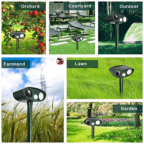 Repelente para animales, repelente de gato, ultrasónico con energía solar, caza, topo, luz LED, impermeable, detector de movimiento, anti perro, gato, palomas, ardilla, aves, jardín, patio, campo