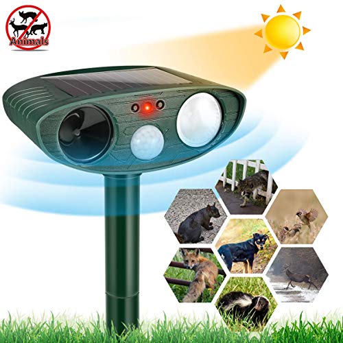 Repelente para animales, repelente de gato, ultrasónico con energía solar, caza, topo, luz LED, impermeable, detector de movimiento, anti perro, gato, palomas, ardilla, aves, jardín, patio, campo