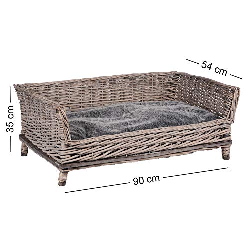 RM E-Commerce Cama para perros de mimbre rectangular con cojín gris para perros grandes y pequeños, 88 cm de ancho