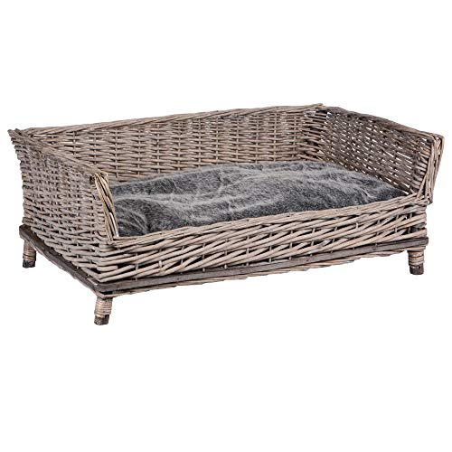 RM E-Commerce Cama para perros de mimbre rectangular con cojín gris para perros grandes y pequeños, 88 cm de ancho