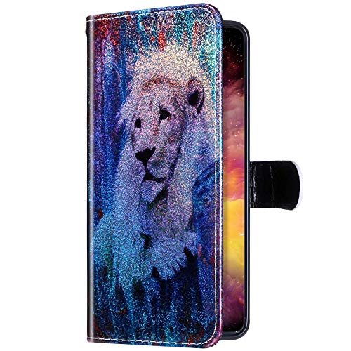 Robinsoni Funda Compatible con Samsung Galaxy S9 Plus Funda Libro Billetera Funda Reflejo de Luz Cuero Funda Animal Impreso Cartera en Silicone Funda Flip Brillar Lujo Vistoso 360 Grados Funda León