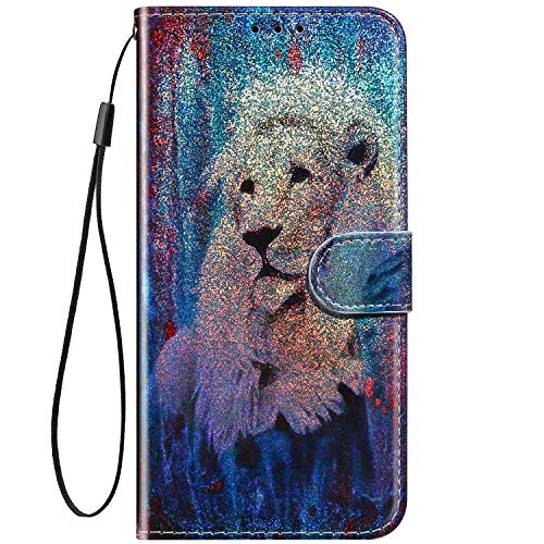 Robinsoni Funda Compatible con Samsung Galaxy S9 Plus Funda Libro Billetera Funda Reflejo de Luz Cuero Funda Animal Impreso Cartera en Silicone Funda Flip Brillar Lujo Vistoso 360 Grados Funda León