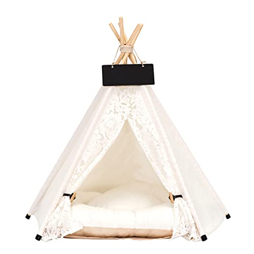 Ruick Tienda de campaña de encaje para mascotas Perreras de mascotas Teepee Play House Tienda de juegos para perros, gatos y perros, cama extraíble y lavable (M,con cojín)