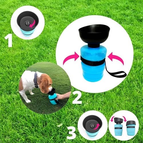 SalvaDog Duran - Botella de Agua para Perros - Bebedero Portatil de Viaje para Mascotas – 500ml – Especial Paseos al Aire Libre con Cuenco Plegable – Libre de BPA