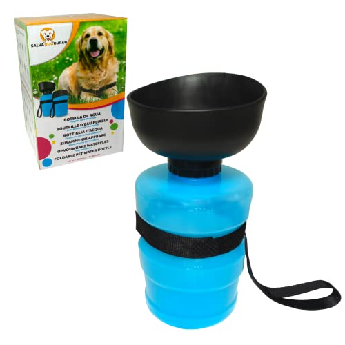 SalvaDog Duran - Botella de Agua para Perros - Bebedero Portatil de Viaje para Mascotas – 500ml – Especial Paseos al Aire Libre con Cuenco Plegable – Libre de BPA