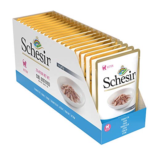 Schesir, Comida Húmeda para Gatitos, Sabor bacoreta en gelatina Blanda - Total 1,7 kg (20 Sobres x 85 gr)