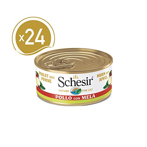 Schesir, Comida húmeda para Gatos Adultos, Sabor filetes de Pollo con Manzana en gelatina Blanda con Verdaderos trozos de Fruta - Total 1,8 kg (24 latas x 75 gr)