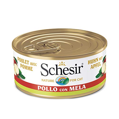 Schesir, Comida húmeda para Gatos Adultos, Sabor filetes de Pollo con Manzana en gelatina Blanda con Verdaderos trozos de Fruta - Total 1,8 kg (24 latas x 75 gr)