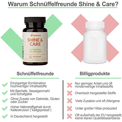 Schnüffelfreunde Shine & Care I Suplemento nutricional para la Piel y el Pelaje para Perros - con levadura de Cerveza y harina de Algas para el Perro