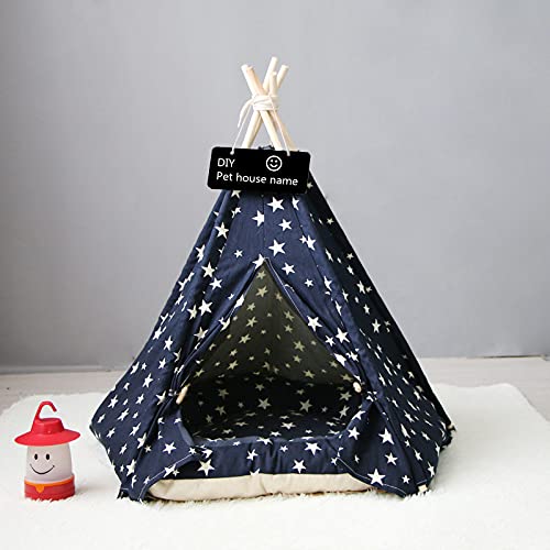 Scnbom Tienda de campaña Mascotas Perros Gatos Casas Tipi Colchón Cama para Pets Teepee Dog extraíble y Lavable (L:60X60X70CM,Azul)