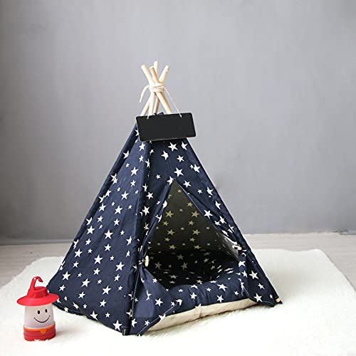 Scnbom Tienda de campaña Mascotas Perros Gatos Casas Tipi Colchón Cama para Pets Teepee Dog extraíble y Lavable (L:60X60X70CM,Azul)