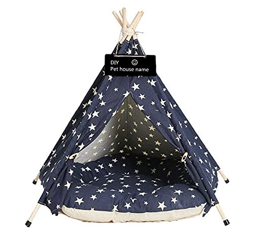 Scnbom Tienda de campaña Mascotas Perros Gatos Casas Tipi Colchón Cama para Pets Teepee Dog extraíble y Lavable (L:60X60X70CM,Azul)