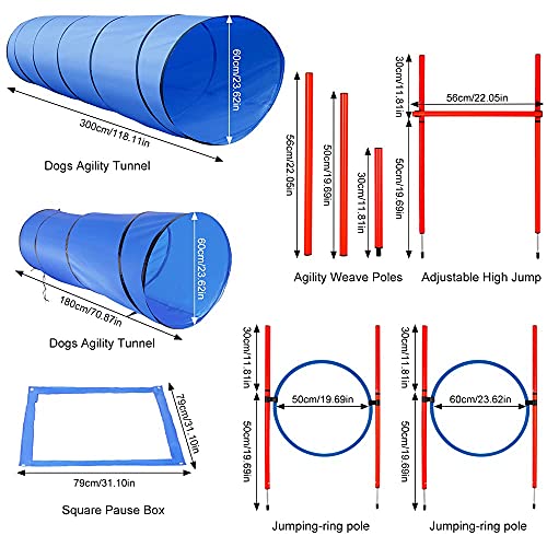 SEAAN Kit de Agilidad para Perros, Equipo de Entrenamiento de Agilidad al Aire Libre con Altura Ajustable (túnel de 180 cm y obstáculos de 300 cm, Zona de Parada de 2 círculos de Salto)
