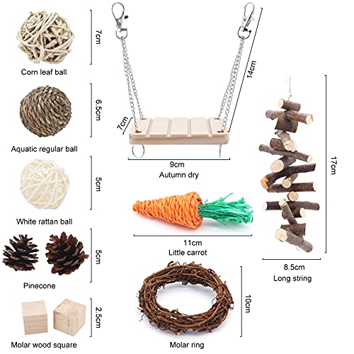 Seahelms Juguetes masticables para hámster, juguetes masticables de madera natural para rata,conejillo de indias, chinchilla, mancuernas ejercicio campana rodillo cuidado los dientes(13 piezas)