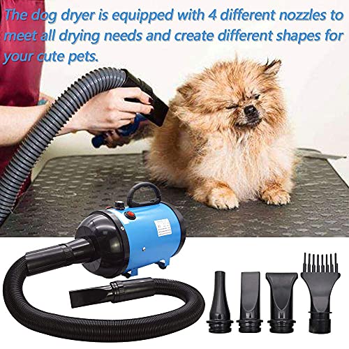 Secador de pelo de perro 2800W/3.8HP, velocidad ajustable sin escalones, soplador de pelo de mascotas, soplador de fuerza de pelo de mascotas con sistema calefactado, manguera de resorte, azul