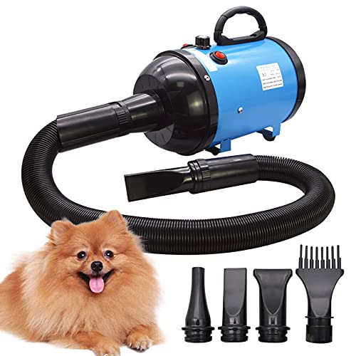 Secador de pelo de perro 2800W/3.8HP, velocidad ajustable sin escalones, soplador de pelo de mascotas, soplador de fuerza de pelo de mascotas con sistema calefactado, manguera de resorte, azul