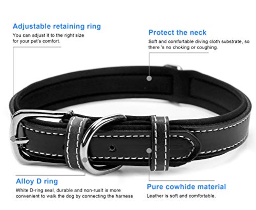 SEKAYISORE Collar de perro de piel de vacuno suave acolchado para mascotas, collar ajustable para perro, color negro M