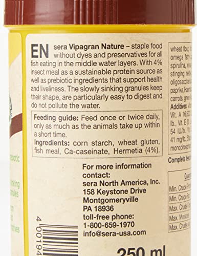 Sera Vipagran Nature Alimento Principal en Forma de granulado Blando con un 4% de harina de Insectos, 250 ml, 250