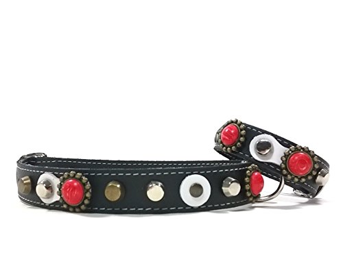 Set Collar para Perros con Pulsera a Juego, Todas las Tallas, Correa Opcional, Exclusivo Blanco Negro con Tachas y Piedras de Coral Rojo, Mediano, 50 cm M-wide: Cuello 35-40 cm, Ancho 28mm