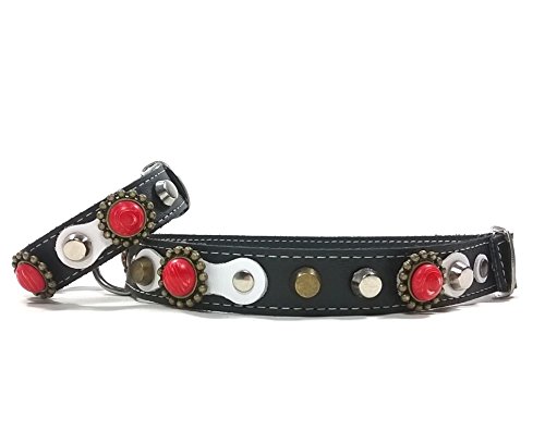 Set Collar para Perros con Pulsera a Juego, Todas las Tallas, Correa Opcional, Exclusivo Blanco Negro con Tachas y Piedras de Coral Rojo, Mediano, 50 cm M-wide: Cuello 35-40 cm, Ancho 28mm