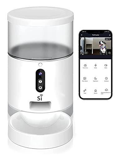 Si Smart Comedero para Perros y Gatos Cámara Inteligente WiFi con Audio bidireccional de 4L, Funciona con Amazon Alexa y Google Home dispensador de Comida, visión Nocturna, App Smart Life