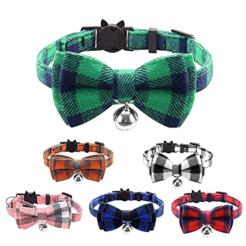 SIVEIS 6 Piezas Collar de Gato con Cascabel y Correa, Collar de Mascota con Hebilla Seguro de Liberación Rápida, Pajarita de Gato Ajustable y Suave, para Gatitos y Cachorros Adecuado