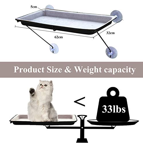 SLE Hamaca para Gato, Cama para Gatos con 4 Ventosas Grandes, Asiento de Ventana para Gato Hamaca para Cualquier Gato (62 * 32 * 5cm) (Gris)