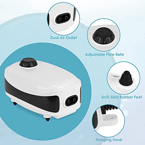 SlowTon Bomba de Aire para Acuarios con Salidas Dobles, Bomba de Oxígeno Silenciosa Ajustable para Pecera, Aireador con 2 Válvulas de Retención / Piedras / Tubos, Ideal para Peceras