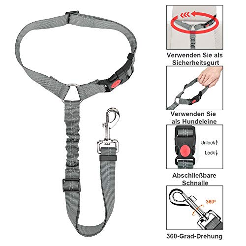 SlowTon Cinturón de Seguridad para Perros, Paquete de 2 Cinturón de Seguridad para el Asiento del cajero con Banda elástica y Reflectante Se Conecta con el vehículo con Brazo (Gris2)