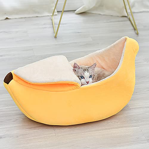 SMLJFO Lindo plátano gato cama casa caliente cama cama de dormir plátano cáscara casa gato suave felpa relleno Punny Dogs acogedor cama Mat cueva nido suministros para gatitos / M