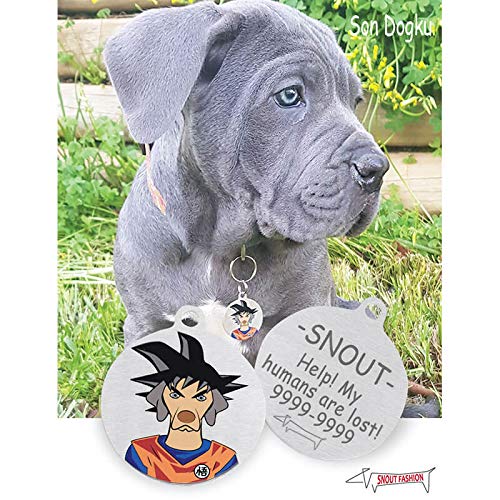 Snout Fashion Son Dogku, Etiqueta de identificación para Perros de Acero Inoxidable – Son Goku en el Mundo de los Perros, Etiqueta de identificación Personalizada para Perro.