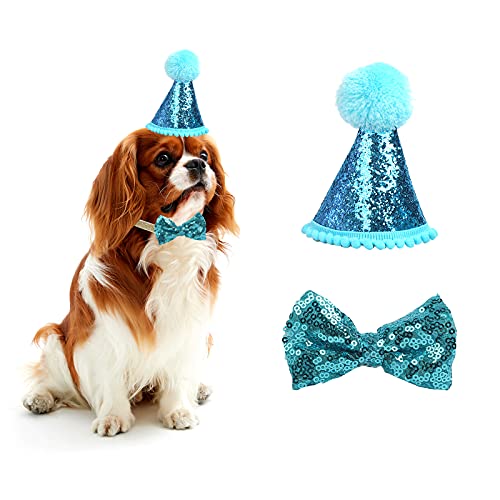 Sombrero de cumpleaños de Perro para Mascotas, Fiestas, Gatos, Gorros, Accesorios de Aseo, Diadema Ajustable, Pompones, Color Azul (Azul)