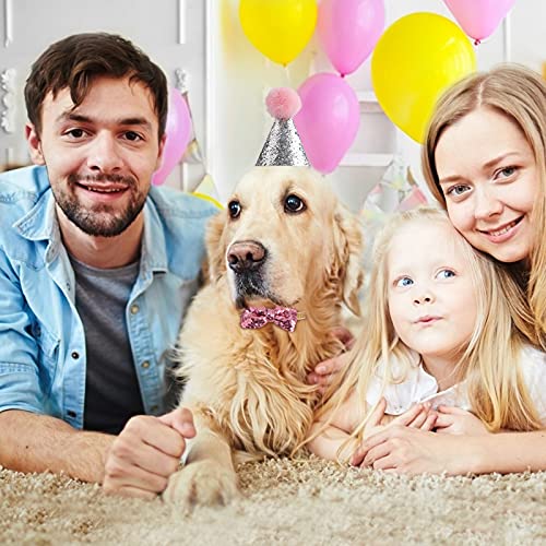 Sombrero de Cumpleaños para Mascotas Gorro Fiesta Perro Gato con Corbata de Pajarita Lentejuela para Cachorro Gatito 2 Piezas