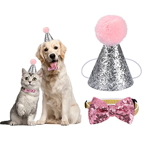 Sombrero de Cumpleaños para Mascotas Gorro Fiesta Perro Gato con Corbata de Pajarita Lentejuela para Cachorro Gatito 2 Piezas